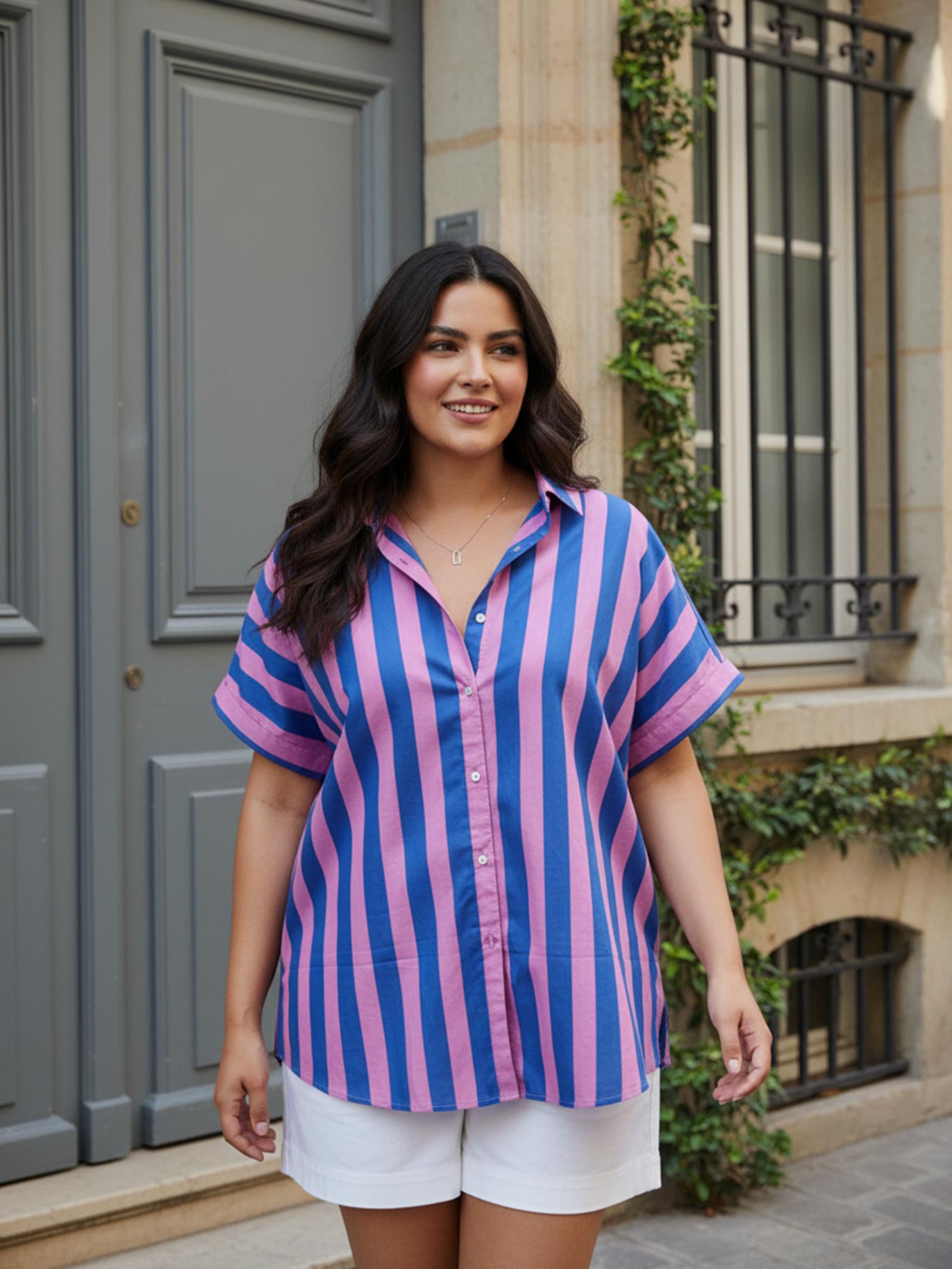 qurvii Women Pink and Blue Stripes Cotton Shirt-picture-32