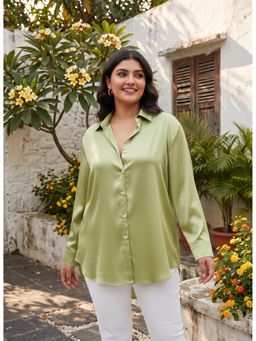 Qurvii - Women Pista Green Solid Satin Classic Shirt