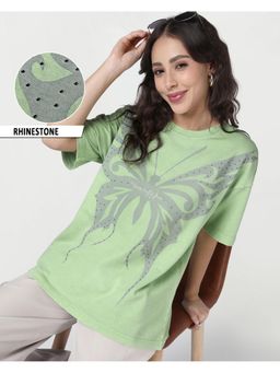 Bewakoof - Women Swamp Green Printed Stone Work Oversized Acid Wash T-Shirt