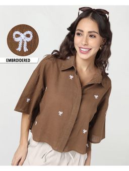 Bewakoof - Women Brown Embroidered Oversized Crop Shirt