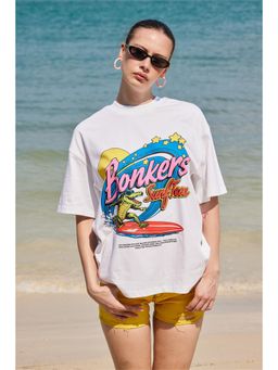 Bonkers Corner - Women White Surf Jam Graphic Printed Oversized T-Shirt