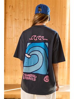 Bonkers Corner - Women Black Coastal Stories Graphic Printed Oversized T-Shirt