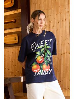 Bonkers Corner - Women Navy Blue Sweet Tangy Graphic Printed Oversized T-Shirt
