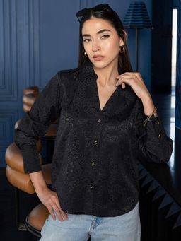 PINACOLADA - Women Black Floral Self Design Full Sleeves Regular Fit Shirt