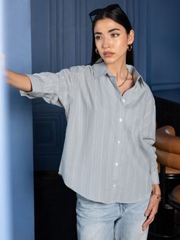 PINACOLADA - Women Light Grey Stripes Full Sleeves Relaxed Casual Shirt