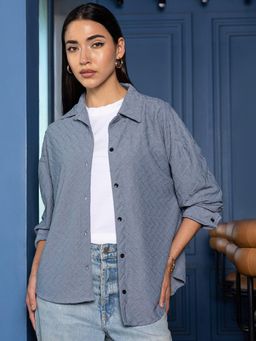 PINACOLADA - Women Blue Textured Full Sleeves Regular Casual Shirt