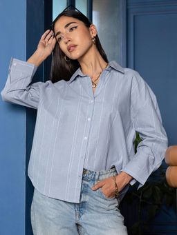 PINACOLADA - Women Light Blue Pin Stripes Full Sleeves Relaxed Casual Shirt