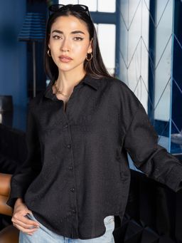 PINACOLADA - Women Black Self Design Full Sleeves Relaxed Casual Shirt