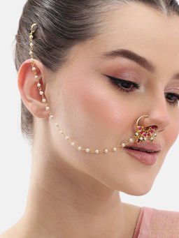 Nuyug - 22K Gold Plated Meenakari Bloom Kundan Nose Ring with Chain