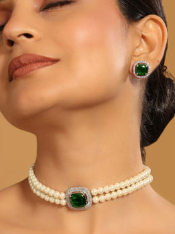 Nuyug - Green Brass Rhodium Plated Pearl Necklace and Pair Of Earrings (Set of 2)