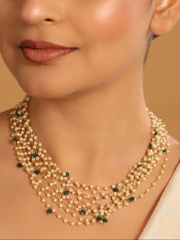 Nuyug - Green Brass 22K Gold Plated Pearl Necklace