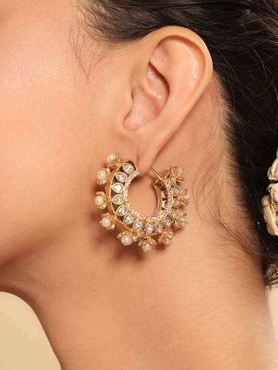 Kanika White Floral Pearl Hoop Earrings