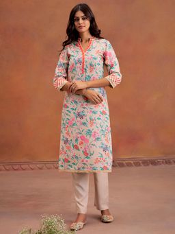 Jaipur Kurti - Embroidered Tropical Printed Straight Beige Kurta with Pant (Set of 2)
