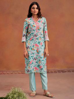 Jaipur Kurti - Embroidered Tropical Printed Straight Blue Kurta with Pant (Set of 2)