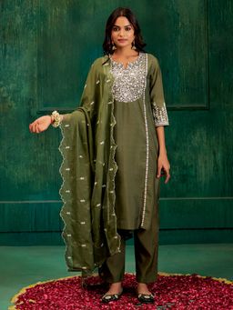 Jaipur Kurti - Resham Embroidered Festive Green Kurta with Pant & Dupatta (Set of 3)