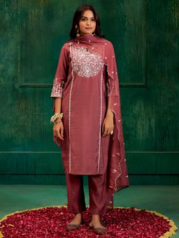 Jaipur Kurti - Resham Embroidered Festive Mauve Kurta with Pant & Dupatta (Set of 3)