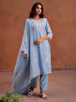 Jaipur Kurti - Festive Embroidered Blue Kurta with Pant & Dupatta (Set of 3)