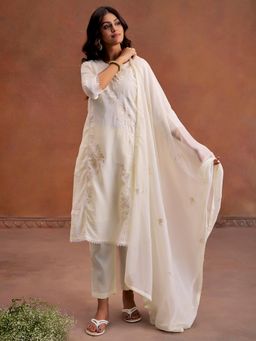 Jaipur Kurti - Festive Embroidered White Kurta with Pant & Dupatta (Set of 3)