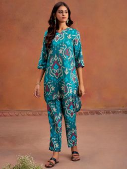 Jaipur Kurti - Ikat Printed Festive Teal Kurta with Pant (Set of 2)