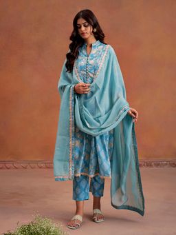 Jaipur Kurti - Embroidered Bandhani Printed Blue Anarkali Kurta with Pant & Dupatta (Set of 3)