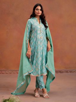 Jaipur Kurti - Embroidered Bandhani Printed Green Anarkali Kurta with Pant & Dupatta (Set of 3)