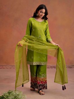 Jaipur Kurti - Zardozi Embroidered Festive Green Kurta with Pant & Dupatta (Set of 3)