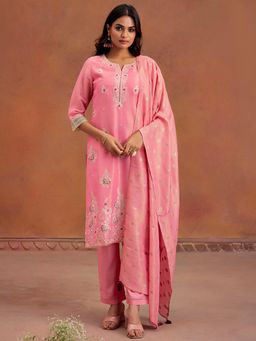 Jaipur Kurti - Floral Embroidered Work Pink Kurta with Pant & Dupatta (Set of 3)