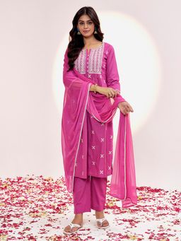 Jaipur Kurti - Thread Work Embroidered Pure Cotton Magenta Kurta with Pant & Dupatta (Set of 3)