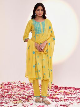 Jaipur Kurti - Pure Cotton Festive Chikankari Yellow Kurta with Pant & Dupatta (Set of 3)