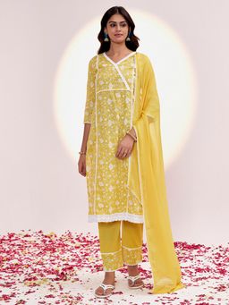 Jaipur Kurti - Pure Cotton Festive Chikankari Yellow Kurta with Pant & Dupatta (Set of 3)