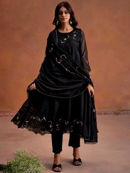 Jaipur Kurti - Patchwork Embroidered Festive Black Anarkali Kurta with Pant & Dupatta (Set of 3)