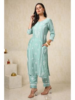 Soch - Women Powder Blue Chanderi Embroidered Kurta with Pant (Set of 2)