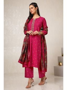 Soch - Women Fuchsia Pink Muslin Blend Bandhani Print Kurta with Pant & Dupatta (Set of 3)