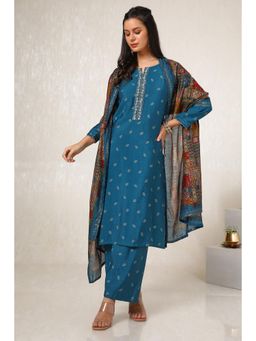 Soch - Women Blue Muslin Blend Bandhani Print Kurta with Pant & Dupatta (Set of 3)