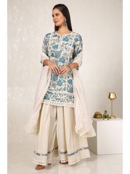 Soch - Women White & Turquoise Blue Linen Floral Print Kurta with Palazzo & Dupatta (Set of 3)