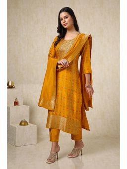 Soch - Women Mustard Brocade Beads & Stones Kurta with Pant and Dupatta (Set of 3)