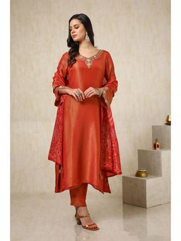Soch - Women Rust Tissue Embroidered Kurta with Pant & Dupatta (Set of 3)