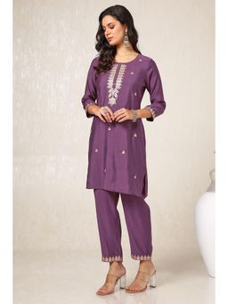 Soch - Women Purple Muslin Blend Embroidered & Gotta Patti Kurta with Pant (Set of 2)