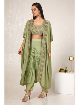 Soch - Women Green Tissue Sequined Top with Dhoti Pant & Jacket (Set of 3)