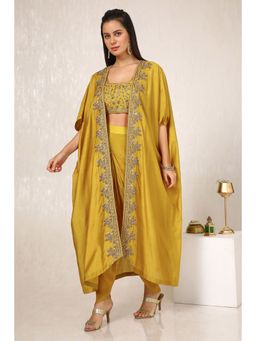 Soch - Women Mustard Tissue Sequined Top with Dhoti Pant & Jacket (Set of 3)
