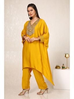 Soch - Women Mustard Viscose Crepe Mirror Work Kaftan with Pant (Set of 2)