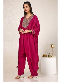 Soch - Women Wine Viscose Crepe Mirror Work Kaftan with Pant (Set of 2)
