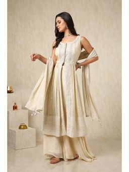 Soch - Women Off White Chinon Embroidered Kurta with Palazzo & Dupatta (Set of 3)
