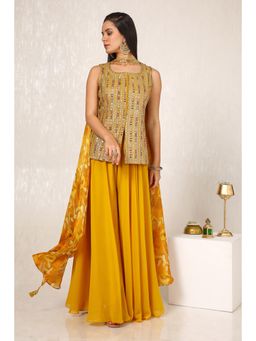 Soch - Women Mustard Georgette Blend Embroidered Top with Palazzo & Dupatta (Set of 3)