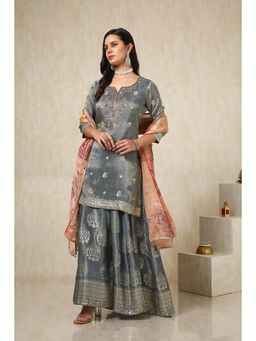 Soch - Women Grey Tissue Sequin Kurta with Palazzo & Dupatta (Set of 3)