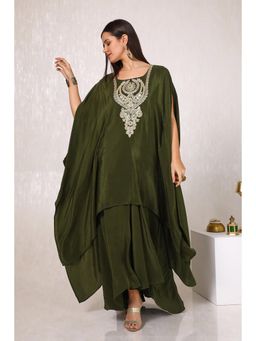 Soch - Women Olive Viscose Crepe Sequin Kaftan Kurta with Skirt (Set of 2)