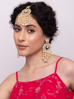 Indya - Gold Square Mirror Pearl Earring Maangtika Set (Set of 2)