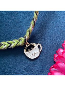 Digital Dress Room - Gold Plated Coffee Cup & Cat Charm Rakhi For Raksha Bandhan