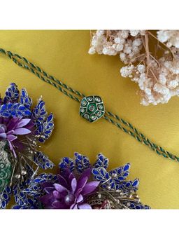 Digital Dress Room - Gold Plated Green Kundan Pendant Rakhi For Raksha Bandhan