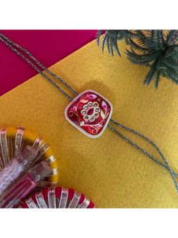 Digital Dress Room - Gold Plated Leaf Kundan Pendant Rakhi For Raksha Bandhan
